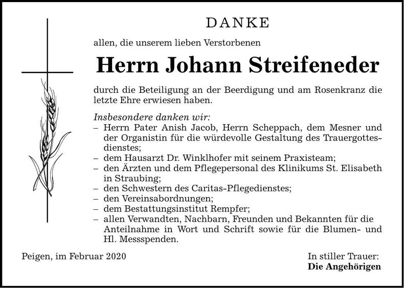 Traueranzeige Johann Streifeneder