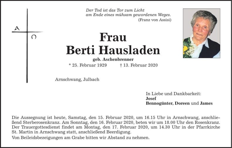 Traueranzeige Berti Hausladen