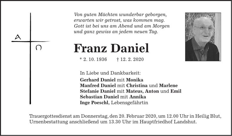 Traueranzeige Franz Daniel