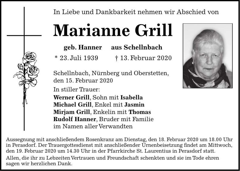 Traueranzeige Marianne Grill