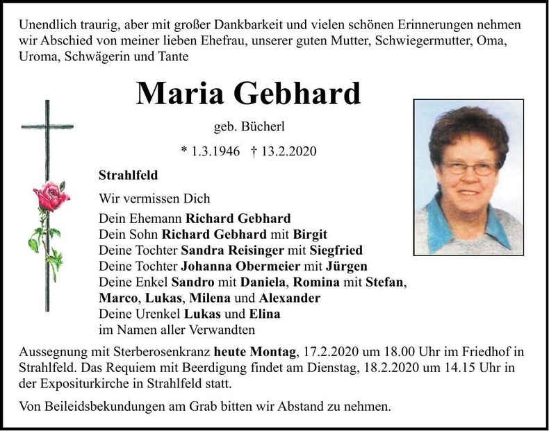 Traueranzeige Maria Gebhard