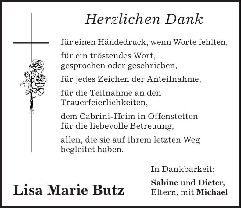 Traueranzeige Lisa Marie Butz