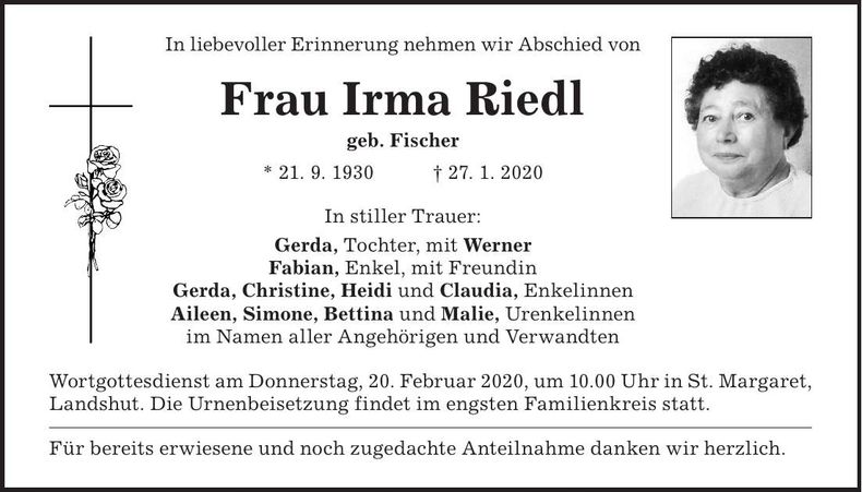 Traueranzeige Irma Riedl