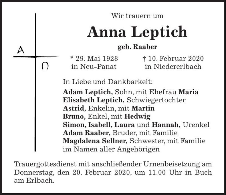Traueranzeige Anna Leptich