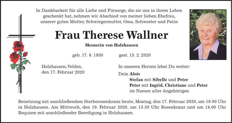 Traueranzeige Therese Wallner