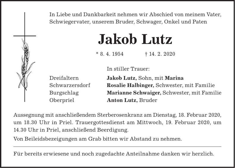 Traueranzeige Jakob Lutz