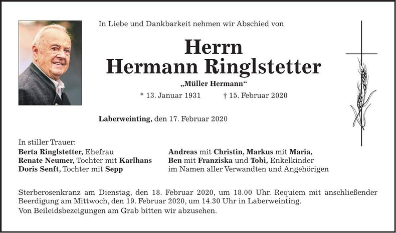 Traueranzeige Hermann Ringlstetter