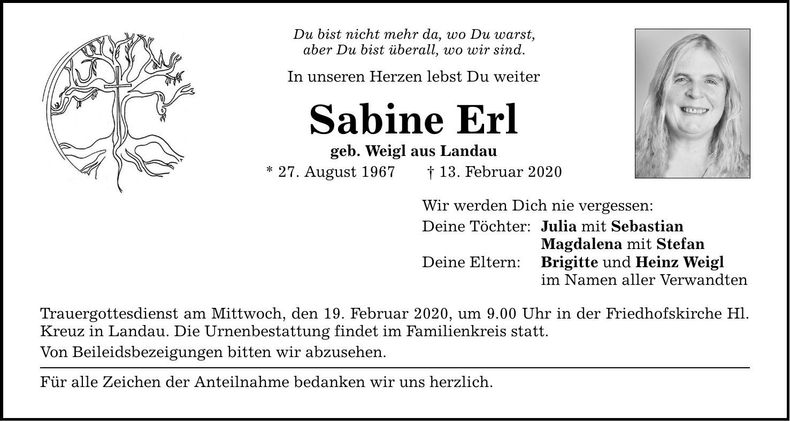 Traueranzeige Sabine Erl