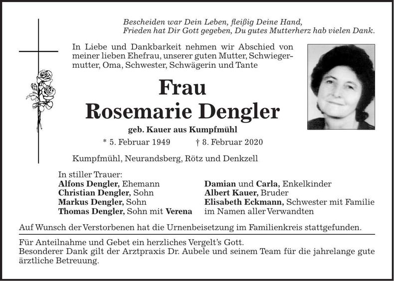 Traueranzeige Rosemarie Dengler