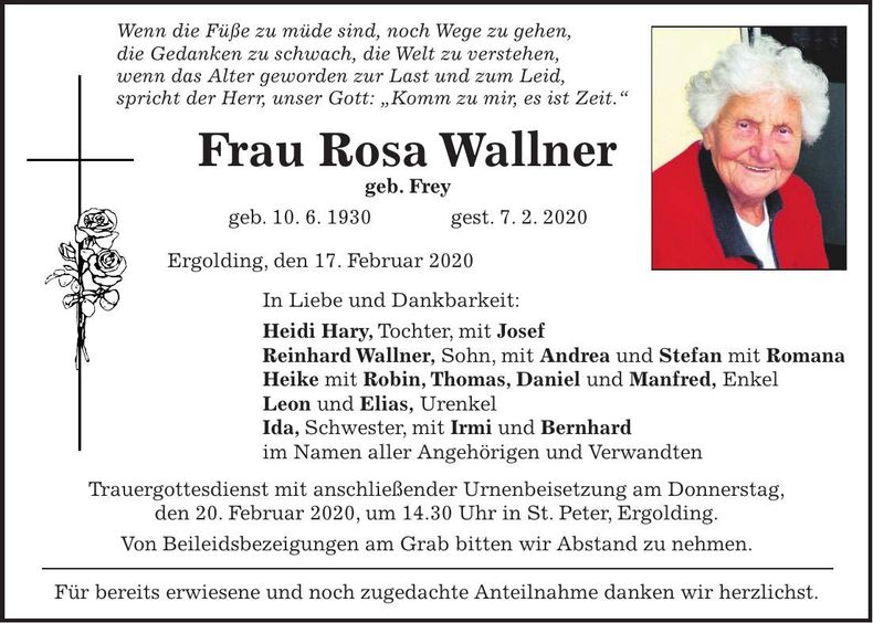Traueranzeige Rosa Wallner
