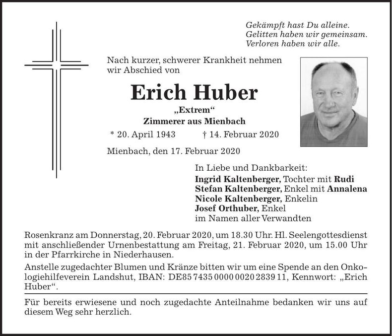 Traueranzeige Erich Huber