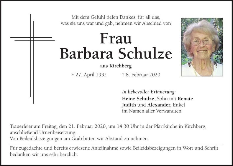 Traueranzeige Barbara Schulze