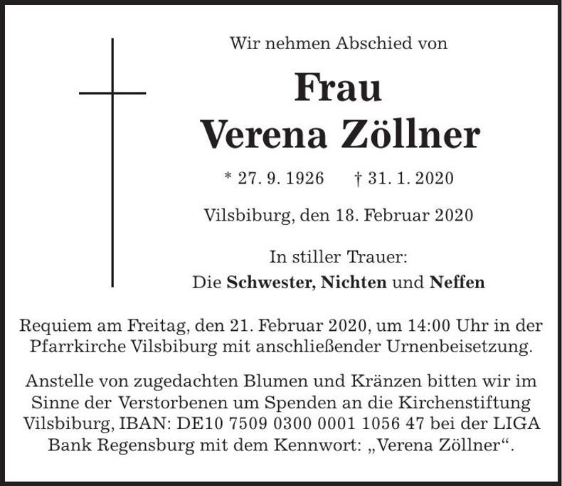 Traueranzeige Verena Zöllner