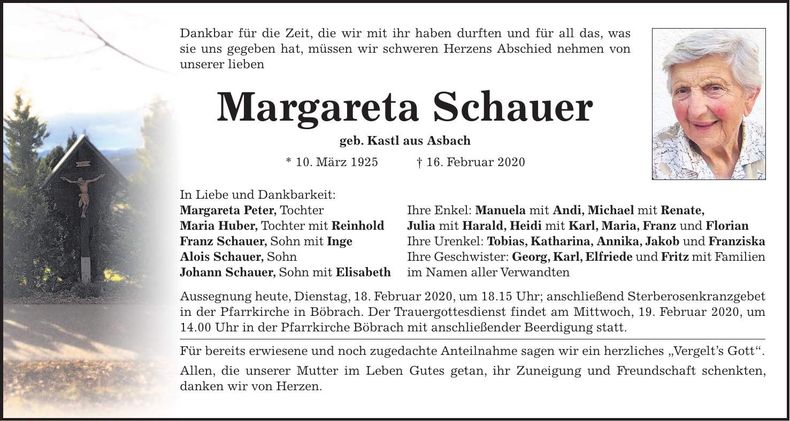 Traueranzeige Margareta Schauer