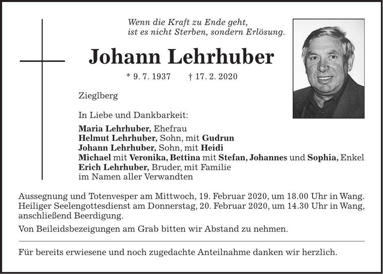 Traueranzeige Johann Lehrhuber