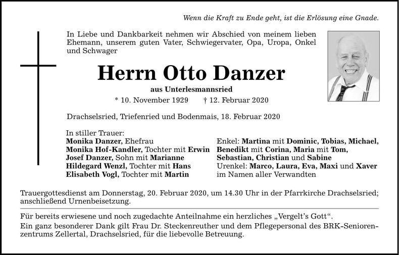 Traueranzeige Otto Danzer