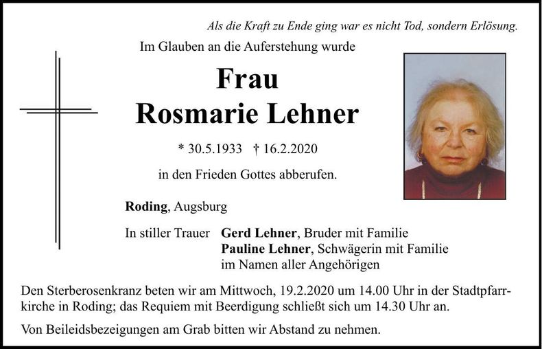 Traueranzeige Rosmarie Lehner