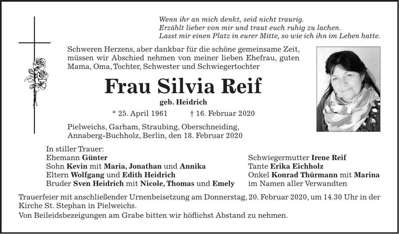 Traueranzeige Silvia Reif
