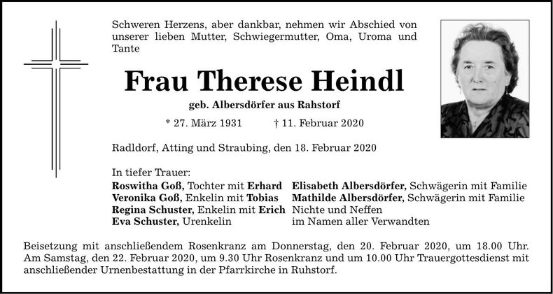 Traueranzeige Therese Heindl