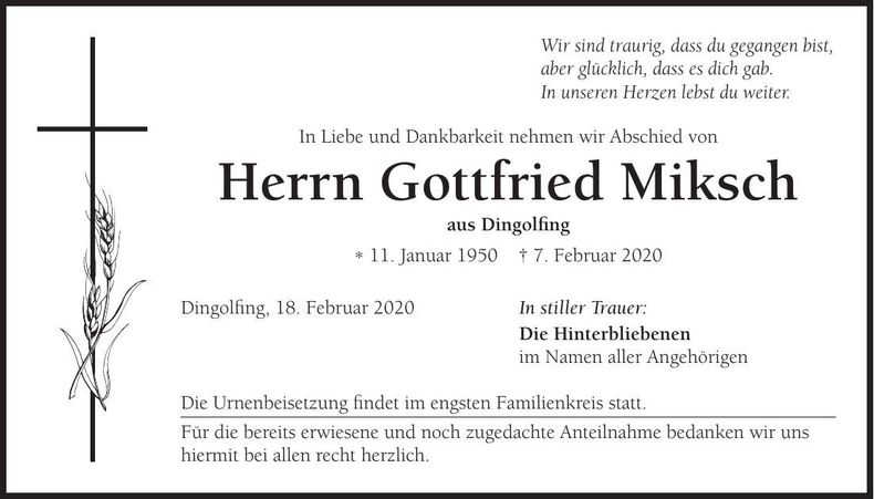 Traueranzeige Gottfried Miksch