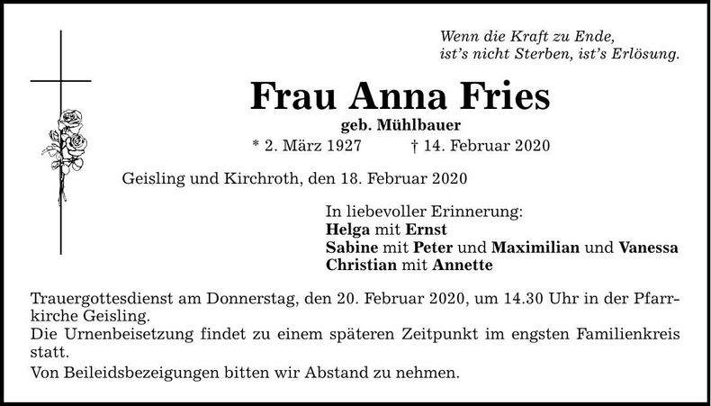 Traueranzeige Anna Fries