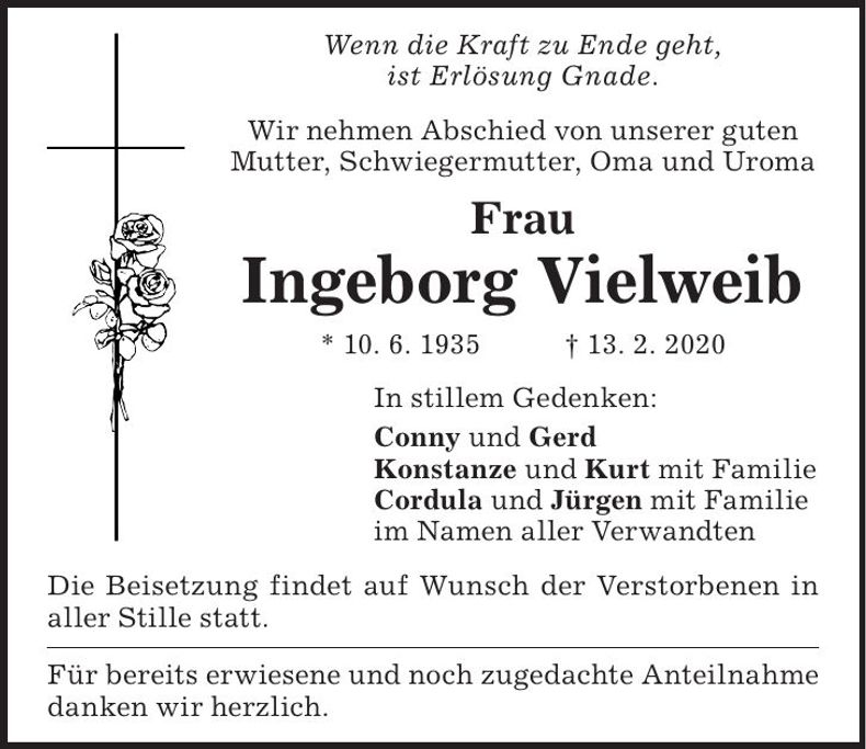 Traueranzeige Ingeborg Vielweib