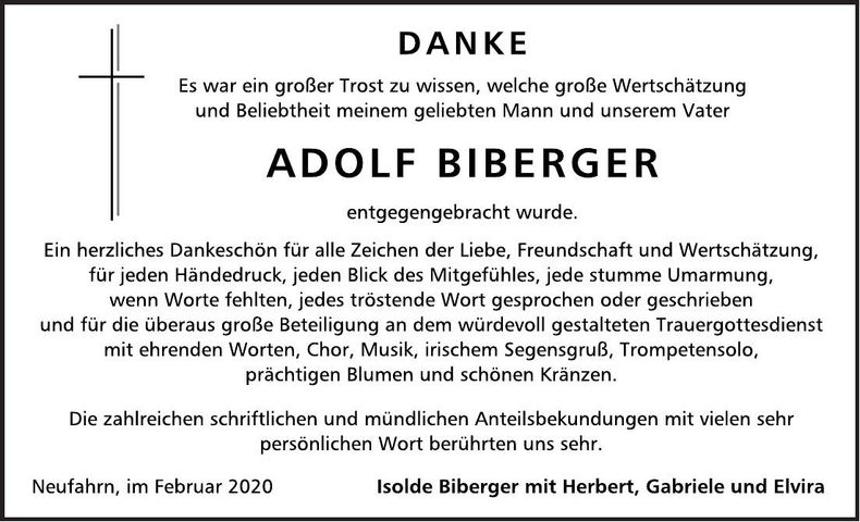 Traueranzeige Adolf Biberger