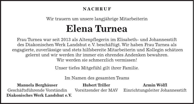 Traueranzeige Elena Turnea
