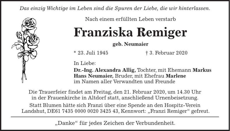Traueranzeige Franziska Remiger