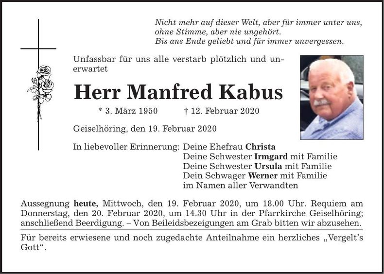 Traueranzeige Manfred Kabus