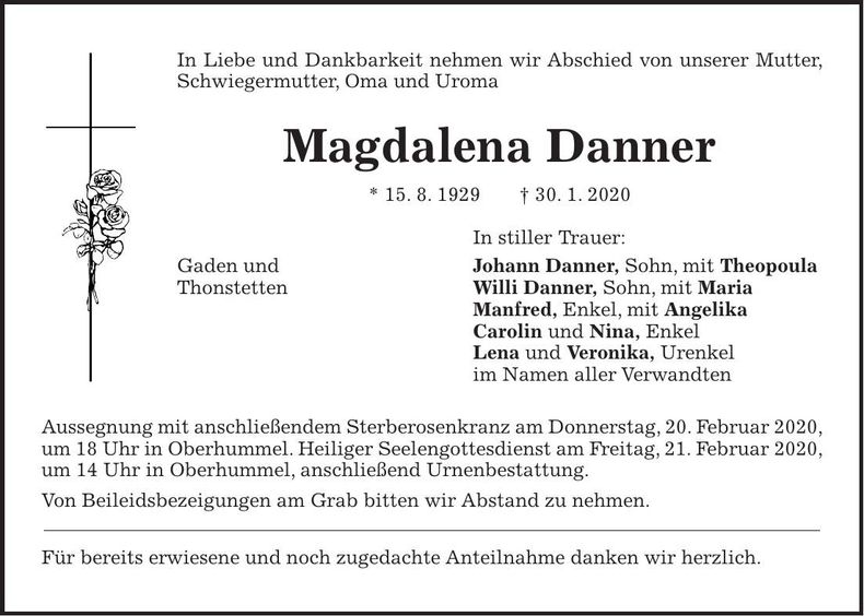 Traueranzeige Magdalena Danner