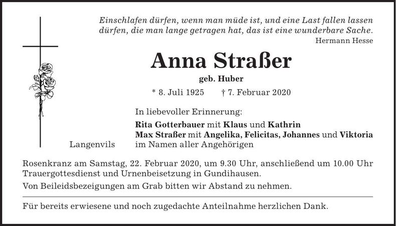 Traueranzeige Anna Straßer