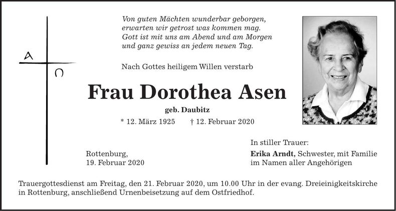 Traueranzeige Dorothea Asen