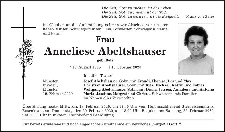 Traueranzeige Anneliese Abeltshauser
