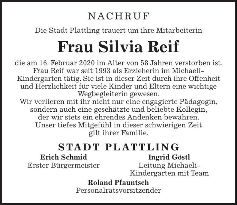 Traueranzeige Silvia Reif