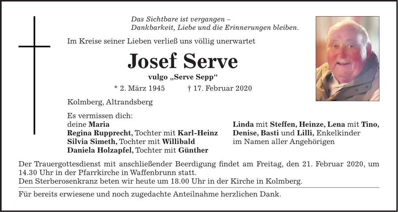 Traueranzeige Josef Serve