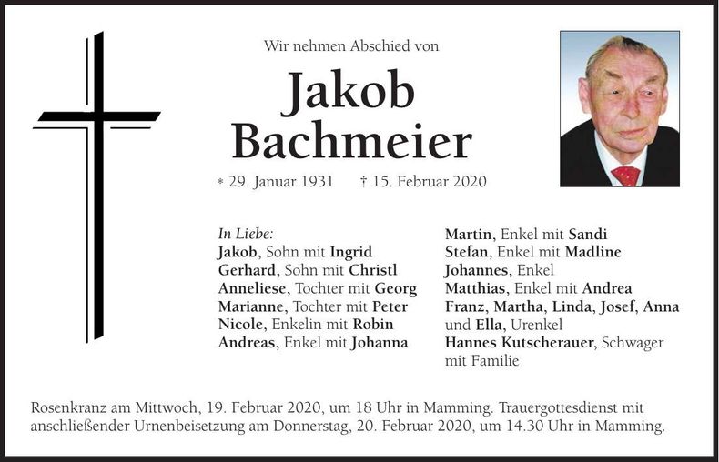Traueranzeige Jakob Bachmeier