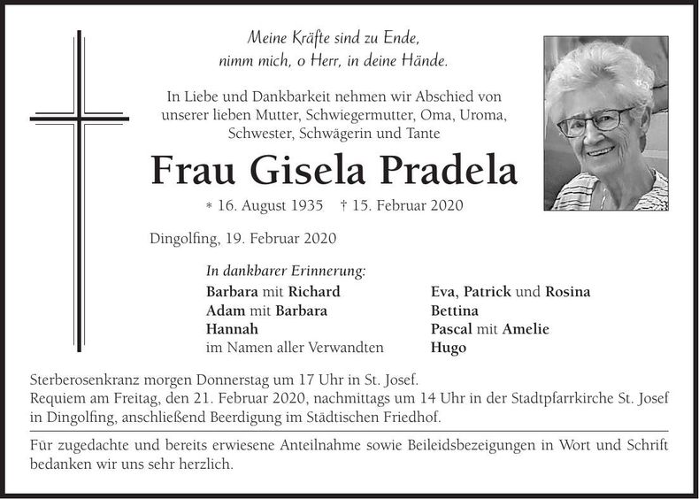 Traueranzeige Gisela Pradela