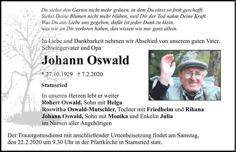 Traueranzeige Johann Oswald