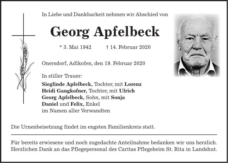 Traueranzeige Georg Apfelbeck