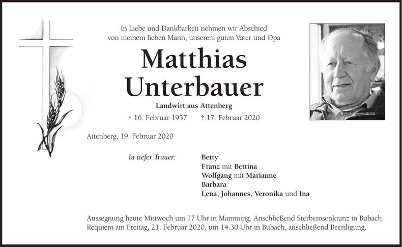 Traueranzeige Matthias Unterbauer