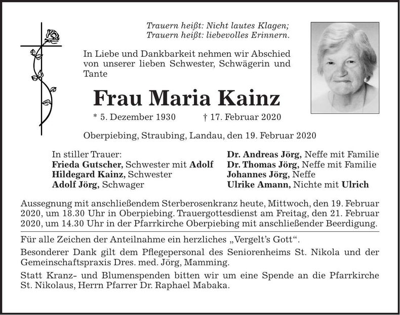 Traueranzeige Maria Kainz