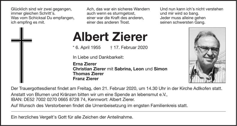 Traueranzeige Albert Zierer
