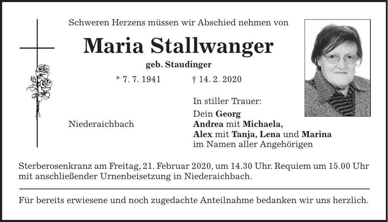 Traueranzeige Maria Stallwanger