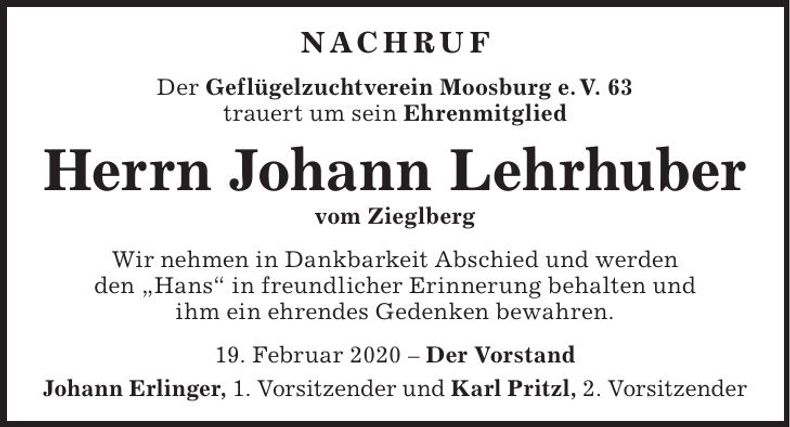 Traueranzeige Johann Lehrhuber