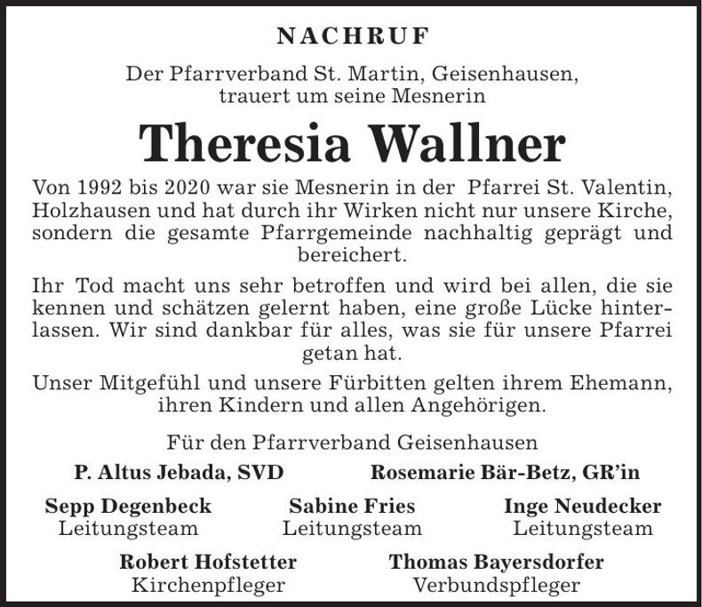 Traueranzeige Theresia Wallner
