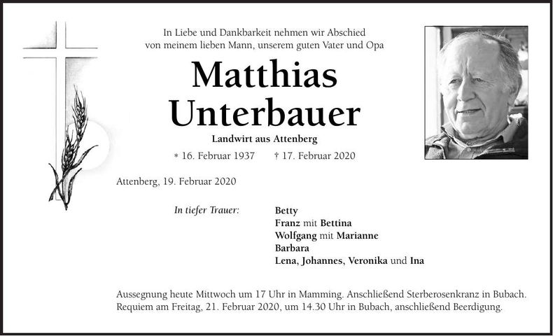 Traueranzeige Matthias Unterbauer