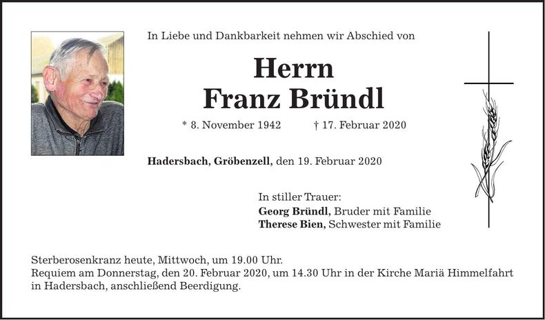 Traueranzeige Franz Bründl