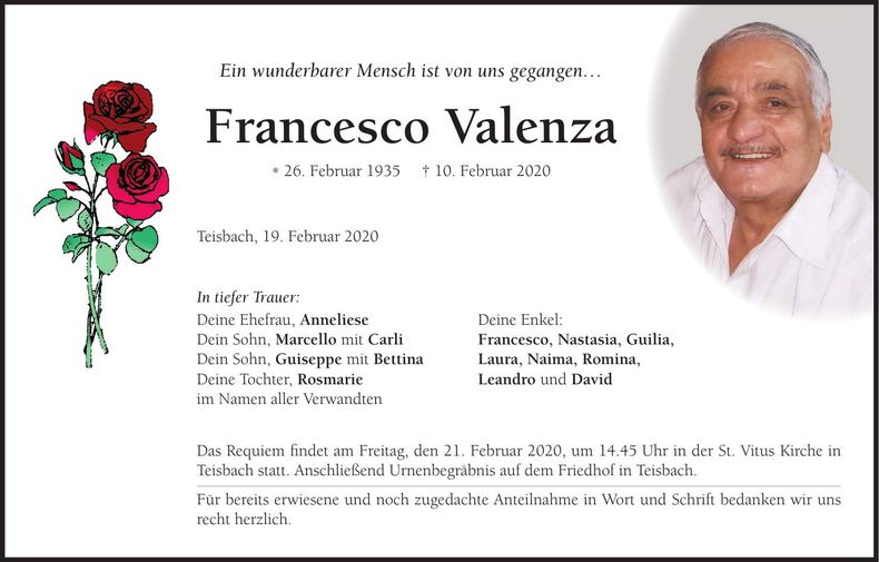 Traueranzeige Francesco Valenza