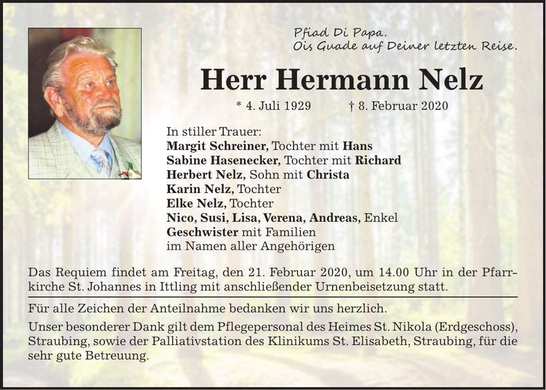 Traueranzeige Hermann Nelz